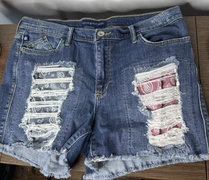 Rock & Republic Denim Shorts 16 Hula Distressed Torn Pockets Red Blue Americana - Picture 1 of 9
