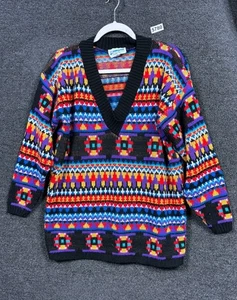 Vintage Resource Pullover Damen Medium schwarz bunt V-Ausschnitt Strick Made USA 90s - Bild 1 von 7