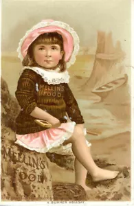 Carta commerciale vittoriana originale 1890. Cibo di Mellin. Bambina sulla spiaggia - Foto 1 di 2