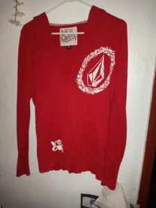 VOLCOM WOMANS -MEDIUM SWEATER RED PULLOVER HOODIE WITH POCKETS V NECK FAST SHIP - Picture 1 of 3