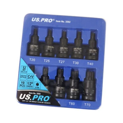 1/2" Drive IMPACT TORX BIT SOCKET SET 10PC US PRO TOOLS Star T20 /T70 3592 - Image 1 of 4