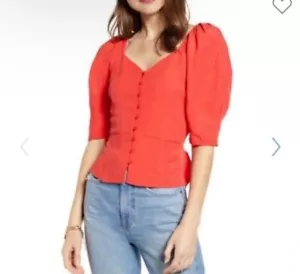 Top Something azul marino para mujer manga abullonada ajustado con botones de lino rojo suave talla S - Imagen 1 de 13