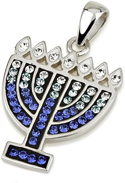 Ciondolo Menorah con pietra preziosa blu mista argento sterling 925 - Immagine 1 di 1