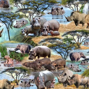 Patchwork Quilting Sewing Fabric Serengeti Plains Hippos 50x55cm FQ - Picture 1 of 4