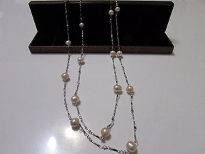 Perla de agua dulce rosa natural hecha a mano con cadena de plata 49-50 in - Imagen 1 de 6