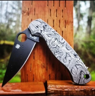 Kraken 2.0 - Tentacles - Deep Laser Engraved Spyderco PM2 Titanium Scales - Image 1 of 3