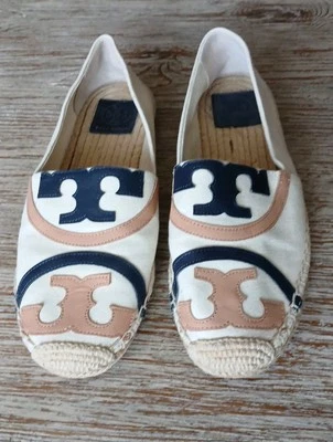 Tory Burch Mujer Marfil Lona Alpargatas Cuero Logo Zapatos Talla 9 Foto 1 de 4