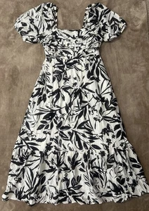 By The River Large Floral Midi Tiered Black White Pleated Puffed Sleeves Ruffled - Picture 1 of 5