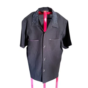 Camisa Casino Wear Grande Negra Vintage Cuello Martini Botones Llamas Rockabilly - Imagen 1 de 10
