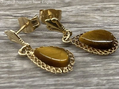 Pendientes colgantes de lágrima ojo de tigre ojo de tigre de oro amarillo de 13,2 quilates 14K pruebas marcadas 7/8" 1,36 g Foto 1 de 4