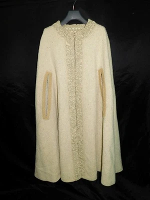 Vintage 60s Cream White Beige Wool Tweed Lace Cape Cloak Midi Hook Front OS - Image 1 of 4