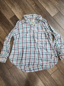 BLUE MOUNTAIN Tunic Shirt Top XL Blue Pink Plaid Popover Long Sleeve Buttons - Picture 1 of 4