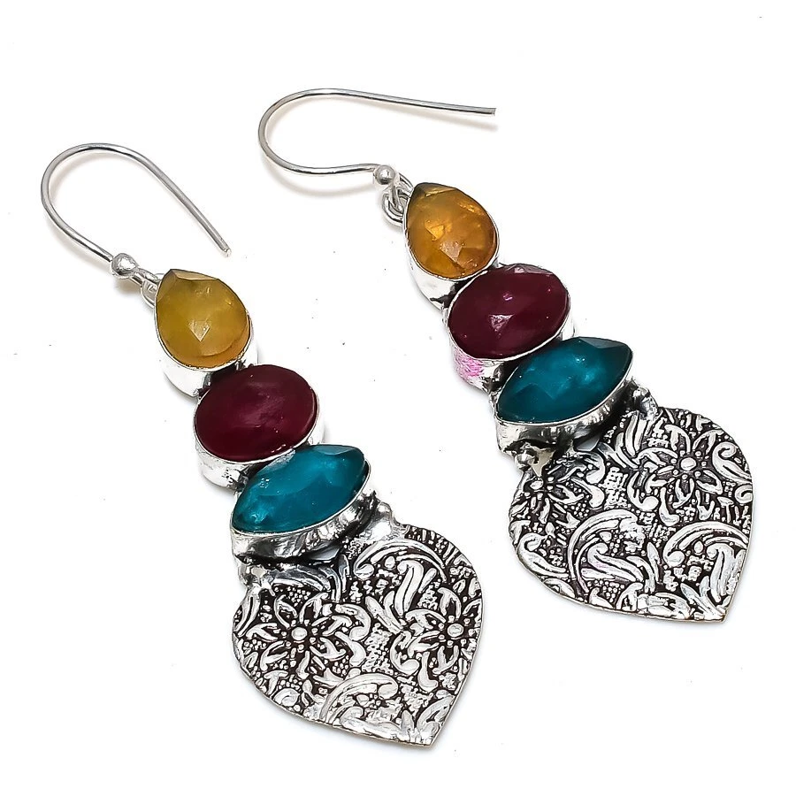 Emerald(Simulated), Onyx Gemstone 925 Silver Jewelry Earring 2.56" R-6113 - Image 1 of 1