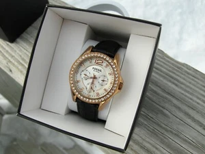 FOSSIL RILEY ROSE GOLD ES 2810 BLACK LEATHER CROC BAND SWAROVSKI CRYSTAL BEZEL - Picture 1 of 12