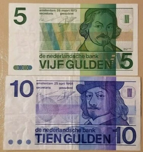 NETHERLANDS LOT OF TWO BANKNOTES 5 & 10 GULDEN 1968 -1973 VF - XF NO RESERVE - Picture 1 of 2