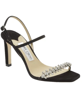 Jimmy Choo Meira 85 Suede Crystal Embellished Sandals Women's Black 37 EU US 7 - Picture 1 of 18
