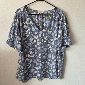 Loft Womens US Sz XL Floral Print V-Neck Blouse 3/4 Length Ruffle Sleeves Office - Picture 1 of 9