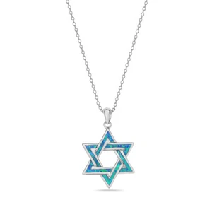 Sterling Silver Jewish Star of David Blue Opal Turquoise-Tone Pendant Necklace - Picture 1 of 5
