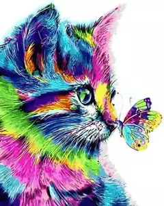 Malen nach Zahlen ohne Rahmen Regenbogenkatze mit Schmetterling - Bild 1 von 12