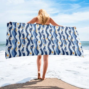 Nautical Sailboats and Seashells Beach Themed Towel - Picture 1 of 2