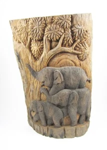 Elefantenfamilie im Wald auf Teakholzstamm - 47 cm - Bild 1 von 3