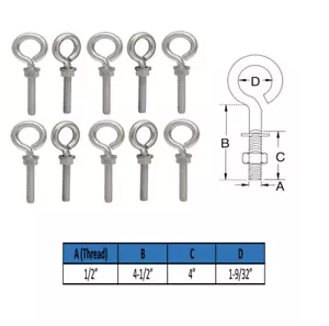 10 piezas SS 1/2"x 4" ojo torneado perno aparejo anillo bucle elevación montaje rosca completa 250 lb - Imagen 1 de 4