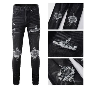 Men's Punk Knee Ripped Skinny Jeans with Rhinestone Patch Distressed Black Denim - Picture 1 of 16