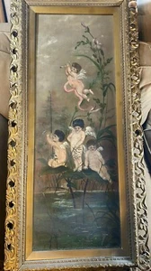 Antique "Four Puttis By River Scene" Oil On Canvas Painting - Framed - Picture 1 of 12