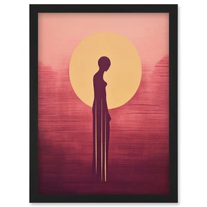Sunrise Solitude Minimalist African Woman in Golden Sun Halo Framed Art Print A4 - Picture 1 of 26