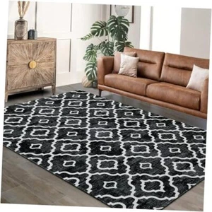 Moroccan 8x10 Area Rug Washable Living Room Rug Non-Slip Carpet 8'x10' Black - Picture 1 of 8