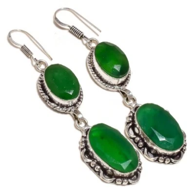 Natural Russian Green Onyx Oval Gemstone Handmade Engraved Double Drop Earrings - Image 1 of 3