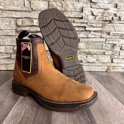 MENS PATRON PULL ON WORK BOOTS TAN LEATHER SLIP ON WESTERN WORK BOOT DURABLE 7 - Image 1 of 4