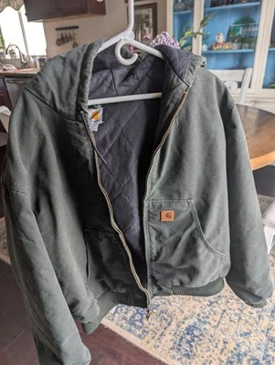 Carhartt RN # 14806 Men's Moss Green Hooded Work Jacket Size 2XL Lined Full Zip - Image 1 of 4
