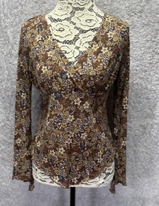 Vtg Self Esteem Y2K Babydoll Top Large Brown Floral Sheer Mesh Fairy V Neck - Picture 1 of 10