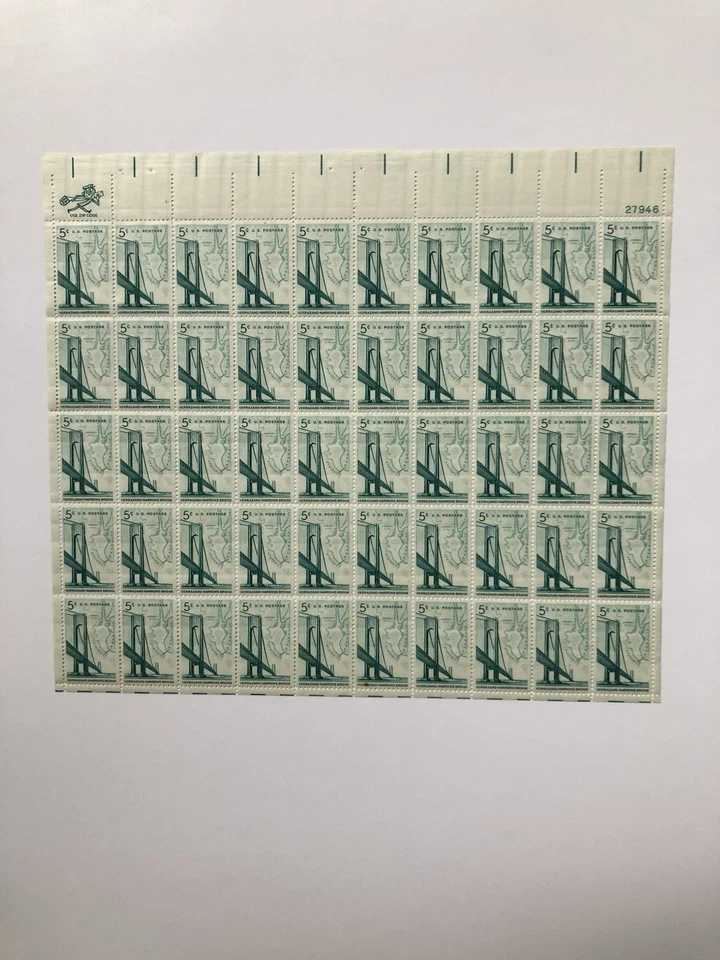 United States 5¢ Verrazano-Narrows Bridge Postage Stamp #1258 MNH Sheet - Image 1 of 1