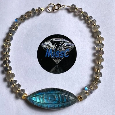 9Ct Gold Labradorite carved Vector/Evil Eye Bracelet , all natural stamped 375 - Image 1 of 4