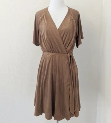 NWT Miss Me Wrap Dress Faux Sued Short Sleeve Lined Mini Brown Cocoa - Image 1 of 4