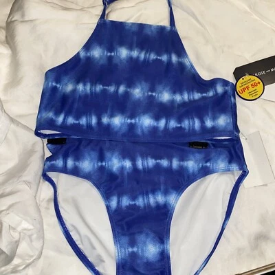Conjunto de 2 piezas de bikini tankini Melrose & Market halter teñido con corbata azul blanco talla 12 UPF Foto 1 de 4