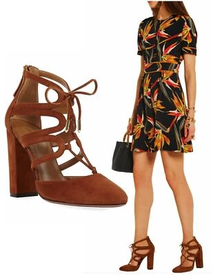 AQUAZZURA 40.5 Holli Luggage Brown Suede Cutout Pumps Heels 10 BRAND NEW - Image 1 of 4