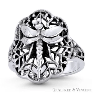 Dragonfly on Spiderweb Charm Oxidized .925 Sterling Silver Right Hand Wrap Ring - Imagen 1 de 1