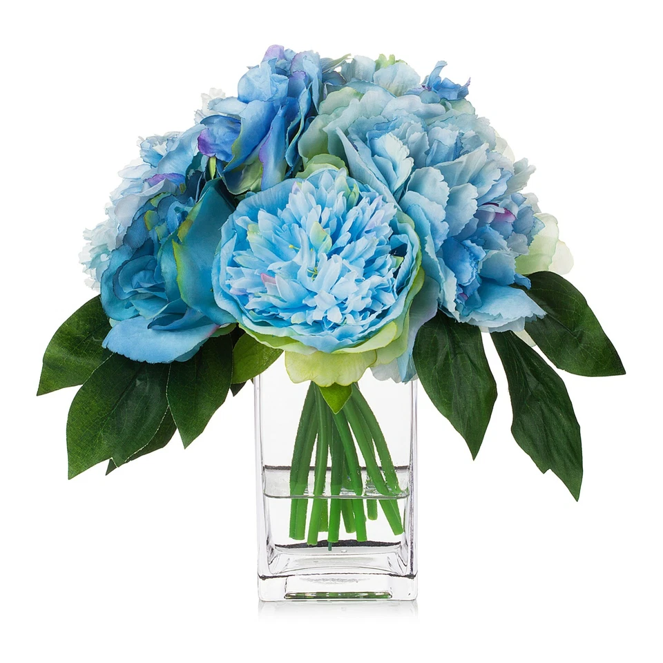 Flor artificial de rosa peonía y hortensia en florero de vidrio transparente y agua sintética Foto 1 de 1