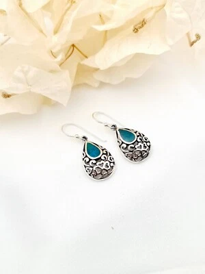 Pendientes colgantes de crisocola de plata de ley 925 de piedra Eilat verde Foto 1 de 4