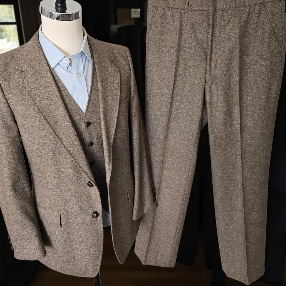 Vintage 1970s 3 Piece Suit 42L 34x32 Burlap Tweed Canvased - Image 1 of 4