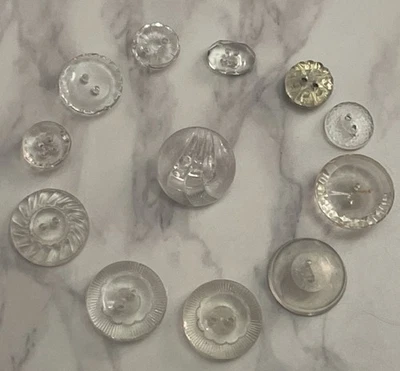 Vintage 12 Czech Clear Depression Crystal Glass Crafting Buttons 107-8 - Image 1 of 4