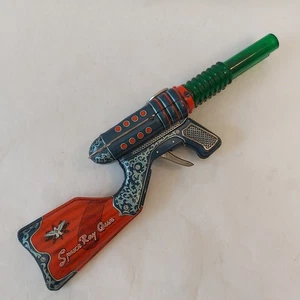 Pistola de rayos espaciales de juguete de hojalata vintage Japón KO doble cañón + funciona - Imagen 1 de 17