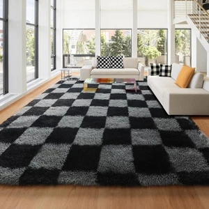 Area Rugs 8x10 Living Room Carpet, Large Fluffy Soft Black and Grey Checkered... - Picture 1 of 7