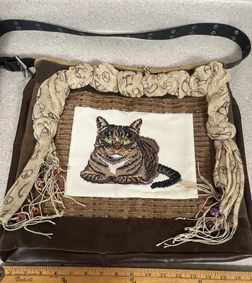 Bolso para gato punto de cruz hecho a mano - telas y discos vintage, hecho por mí Foto 1 de 4