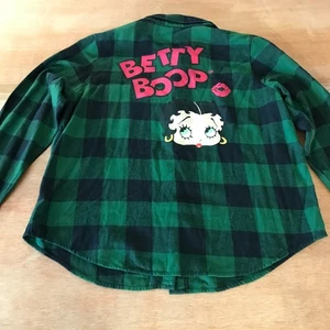 Betty Boop Flannel Shirt Women M Green Plaid Button Up Pocket Long Sleeve Collar - Picture 1 of 12