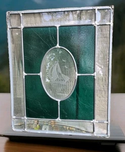 MCM Stained Leaded Bevel Art Glass Panel Window 14x11.5” Suncatcher Etched Boat - Picture 1 of 14