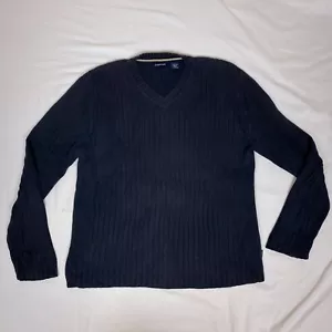 Structure Knit Sweater Pullover Men L Large Navy Blue Striped Long Sleeve V neck - Picture 1 of 12